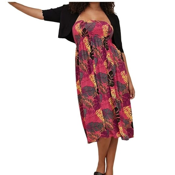 Torrid 5 XL Convertible Smocked Midi Pink Dress Skirt Crinkle Gauze Palm Leaves - Picture 1 of 12